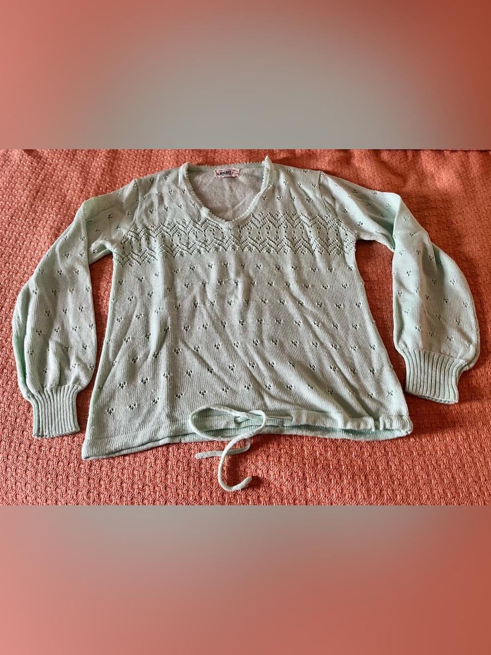 Vintage 80’s Lightweight Pointelle Mint Green The Higbee Co Sweater Large